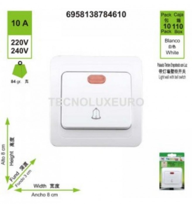 PULSADOR TIMBRE C/LUZ YL8009D 250V-10A