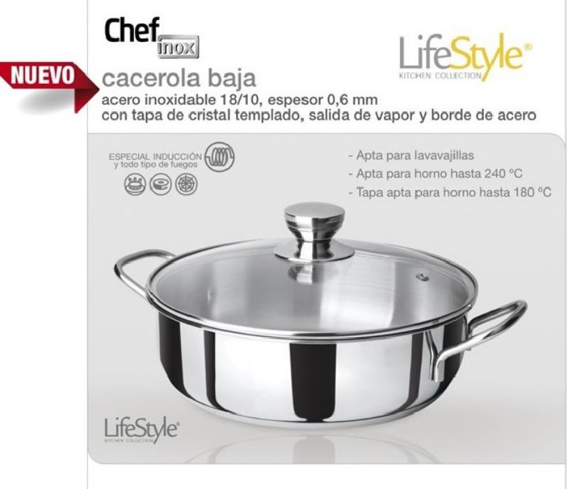 CACEROLA BAJA INOX C/TAPA CRISTAL...