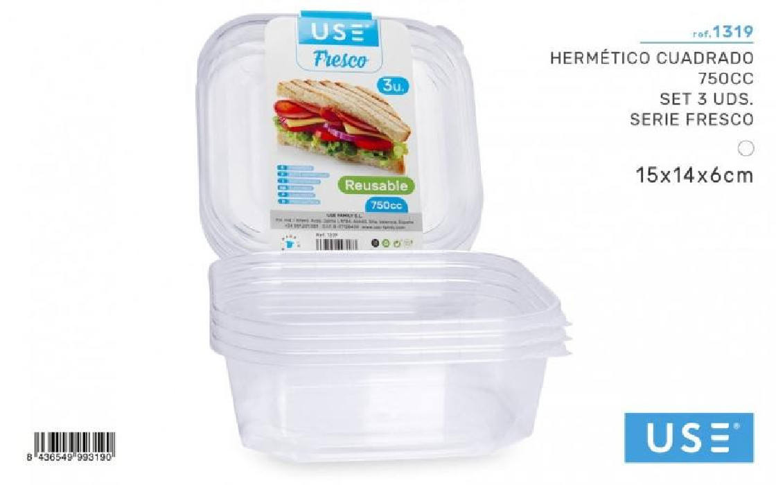 SET 3 HERMETICO CUADRADO 750cc FRESCO...