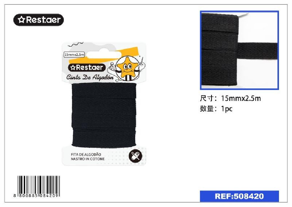 CINTA ALGODON 15MM*2.5M NEGRO 508420